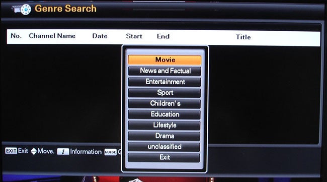Icecrypt T2400 DVR genre search menu on screen display.