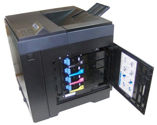 Dell 2150cdn color printer with open toner compartment.
