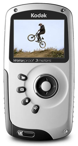 Kodak Playsport Zx3 waterproof camera displaying a biker on screen.