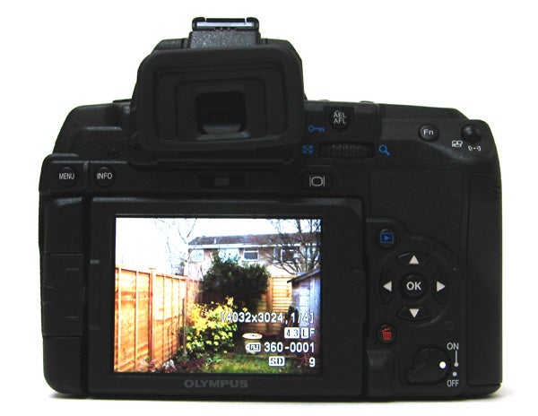 Olympus E-5 DSLR camera displaying a photo on its screen.