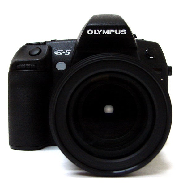 Olympus E-5 DSLR camera frontal view with lens.