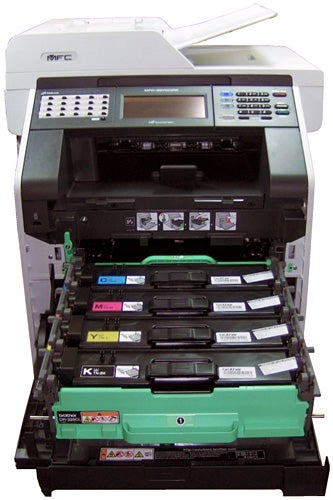 Brother MFC-9970CDW printer with open toner compartment.