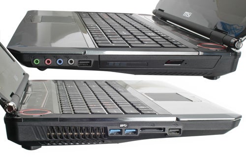 MSI GT680 laptop showcasing ports and cooling vents.