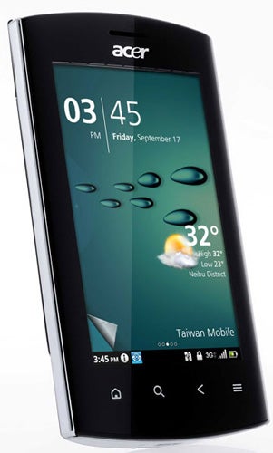 Acer Liquid Metal smartphone displaying time and weather.