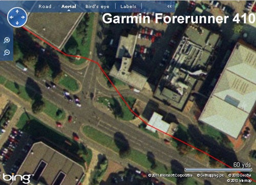 Screenshot of Garmin Forerunner 410 GPS tracking map.Satellite map with a running route tracked by a GPS device.