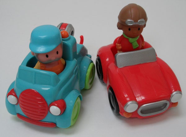 Two toy cars with driver figures in blue and red.