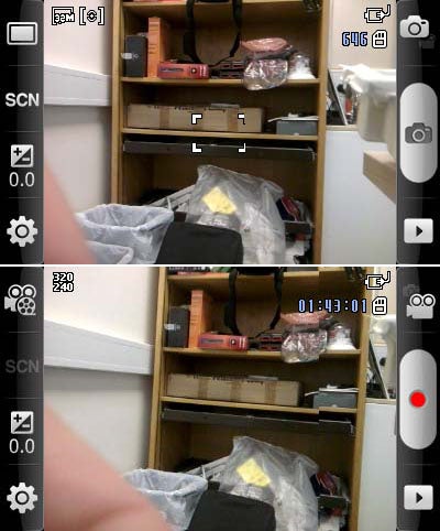 Samsung Galaxy Apollo I5801 camera interface displaying storage shelves.