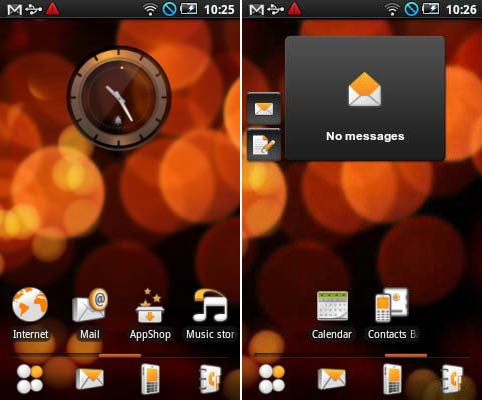 Samsung Galaxy Apollo I5801 interface with clock and message app icons.