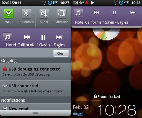 Samsung Galaxy Apollo I5801 screen showing notifications and music player.