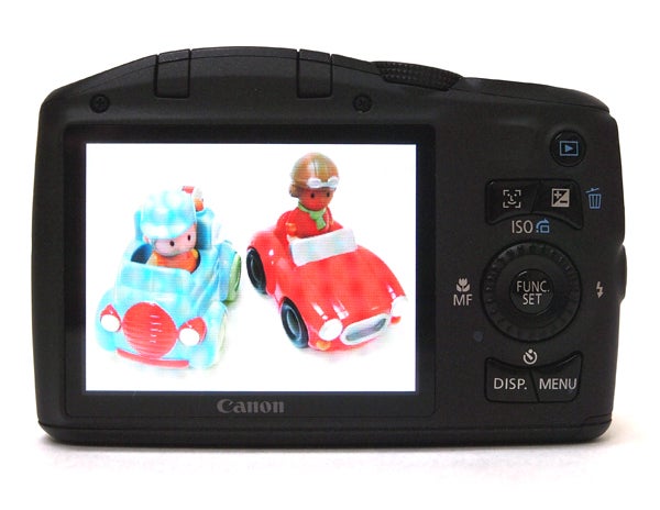 Canon PowerShot SX130 IS camera displaying toys on screen.