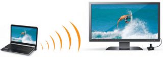 Laptop wirelessly streaming video to a monitor using Q-Waves Quicklink HD.