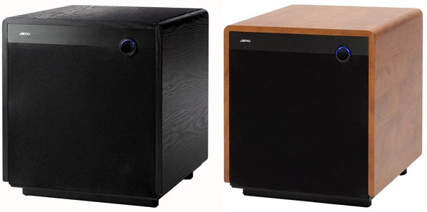Jamo D500 subwoofers in black and wood finish.
