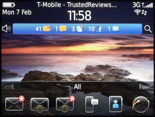BlackBerry Bold 9780 screen showing icons and wallpaper.