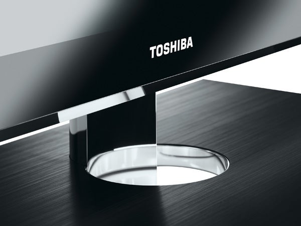 Close-up of Toshiba Regza 55WL768 TV stand and logo