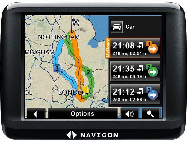 Navigon 20 Easy GPS with route options displayed on screen.