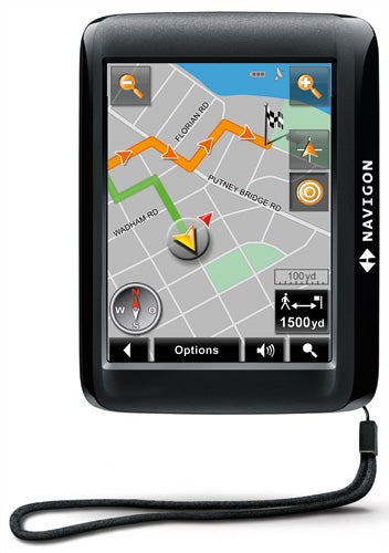 Navigon 20 Easy GPS navigator displaying a map route.