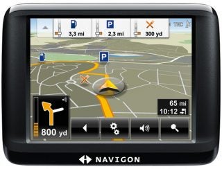 Navigon 20 Easy GPS device displaying a map and route.