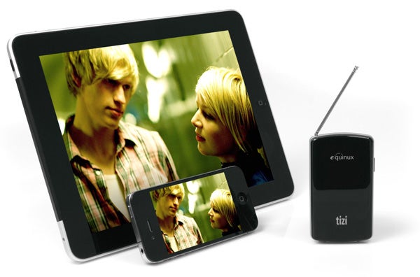 Equinux Tizi device with iPad and iPhone displaying video.