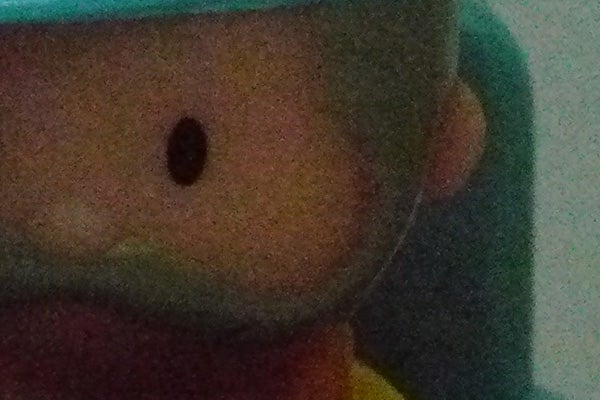 Close-up of a toy's face with a visible seam and stitching.