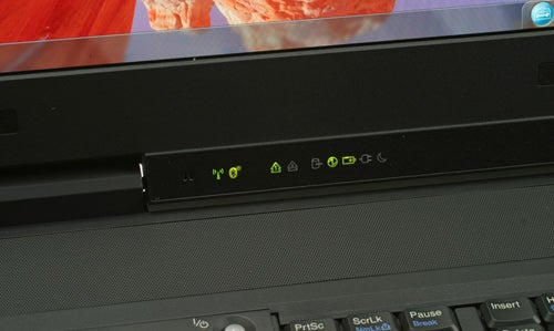 Close-up of Lenovo ThinkPad W701ds laptop's indicator lights.