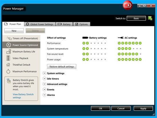 Lenovo ThinkPad Power Manager software interface screenshot.
