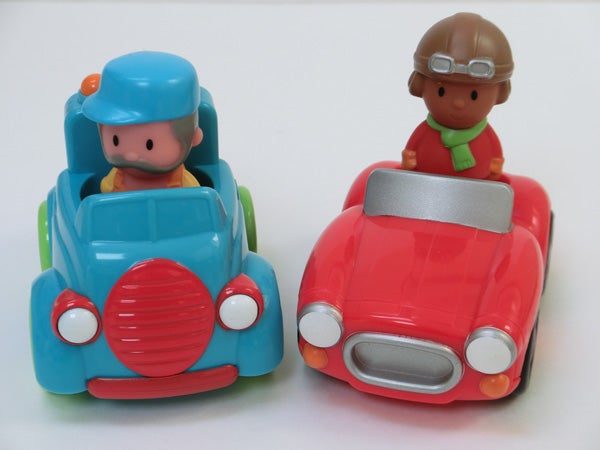 Toy cars with cartoon figures inside on white background.