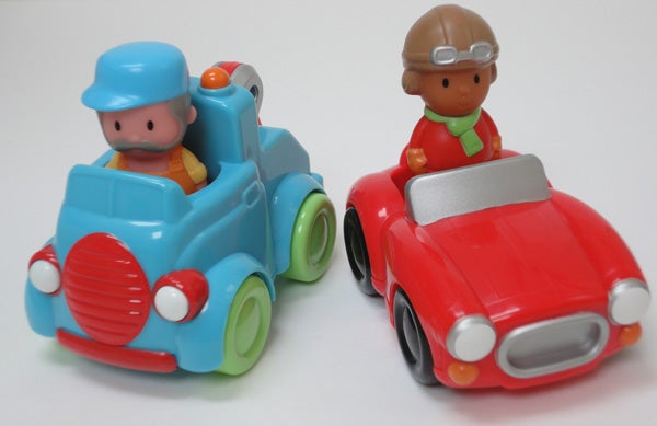 Two toy cars with cartoonish drivers on white background.
