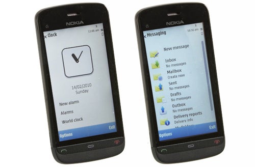 Nokia C5-03 smartphones displaying clock and messaging screens.