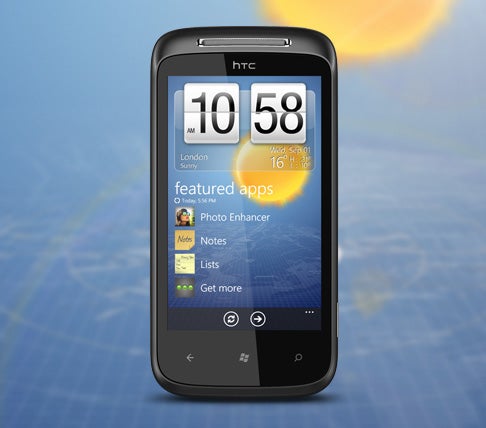 HTC Mozart smartphone with displayed home screen apps