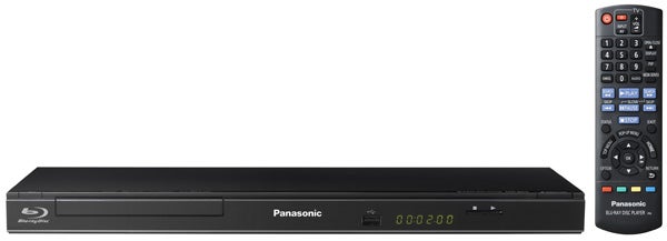 Panasonic DMP-BD75 Blu-ray player with remote control.