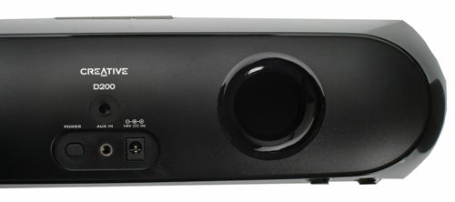 Close-up of Creative D200 Bluetooth speaker side view with controls.
