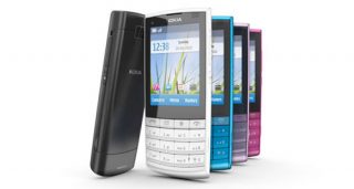 Nokia X3-02 phones in various colors displayed in a row.