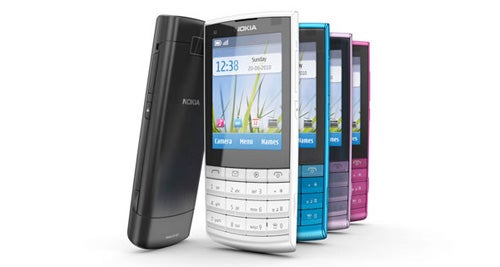 Nokia X3-02 phones in various colors displayed in a row.