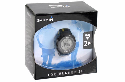 Garmin Forerunner 210 GPS watch in packaging.