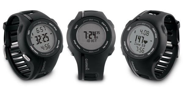 Garmin Forerunner 210 GPS watches displaying various data screens.