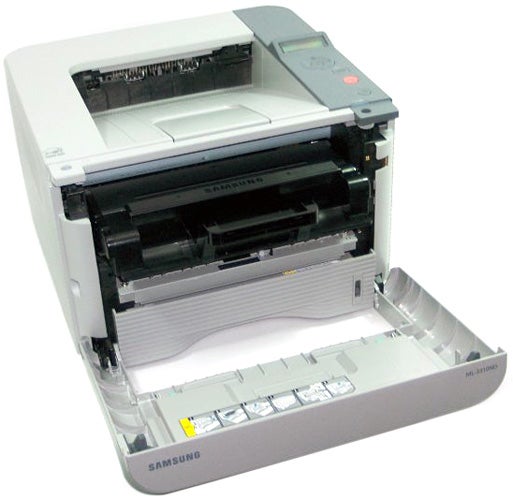 Samsung ML-3310ND printer with open tray and interior visible.