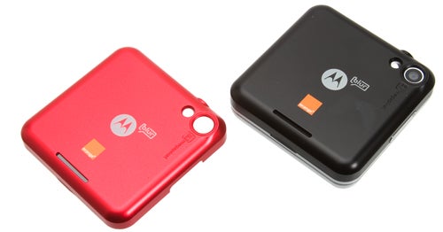 Motorola Flipout phones in red and black side by side.