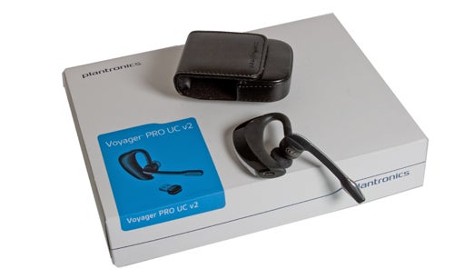 Plantronics Voyager PRO UC v2 headset and box with case.