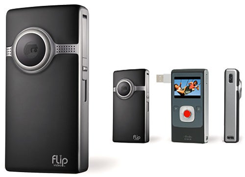Flip UltraHD 8GB video camera in various views.