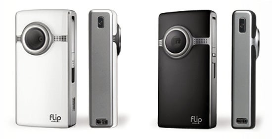 White and black Flip UltraHD 8GB video cameras shown from multiple angles.