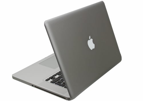 Apple MacBook Pro 15-inch slightly open on white background.