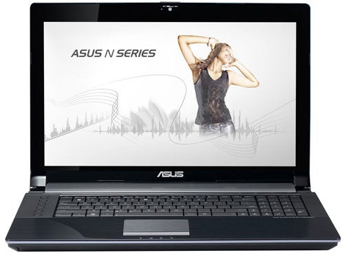 Asus N73Jn laptop with promotional wallpaper displayed.