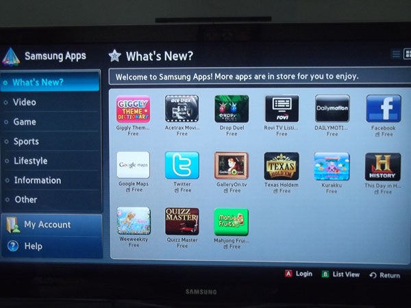 Samsung Smart TV screen displaying Samsung Apps menu.
