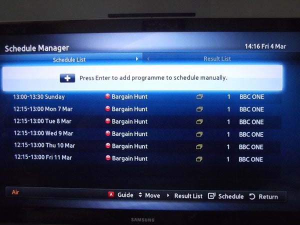 Samsung BD-D8500 TV screen showing schedule manager interface.