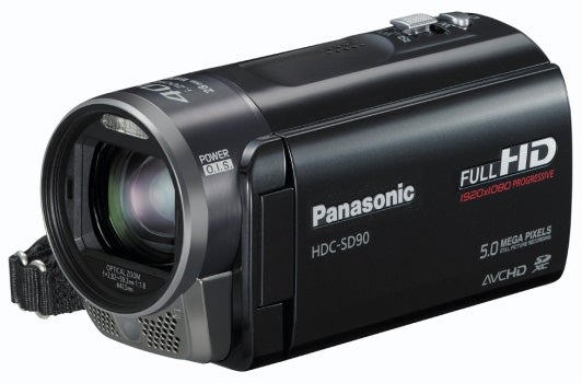 Black Panasonic HDC-SD90 camcorder with lens visible.