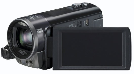 Panasonic HDC-SD90 camcorder with flip-out LCD screen.