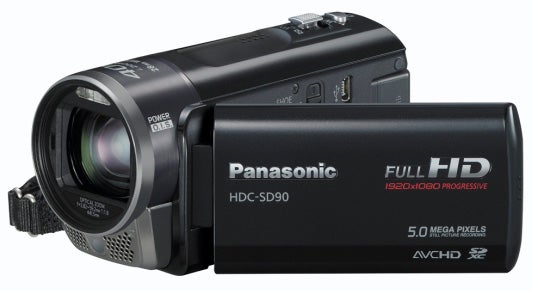 Panasonic HDC-SD90 camcorder on white background.