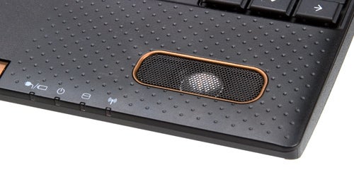 Close-up of Toshiba NB520 laptop's keyboard and speaker