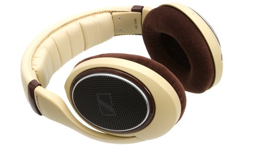 Sennheiser HD 598 over-ear headphones in ivory and brown colors.