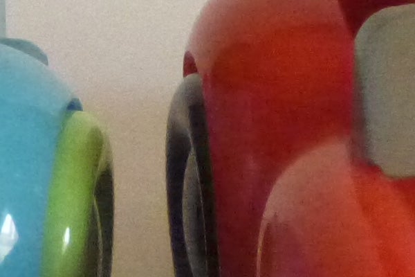 Close-up of colorful water bottles, illustrating camera macro capability.